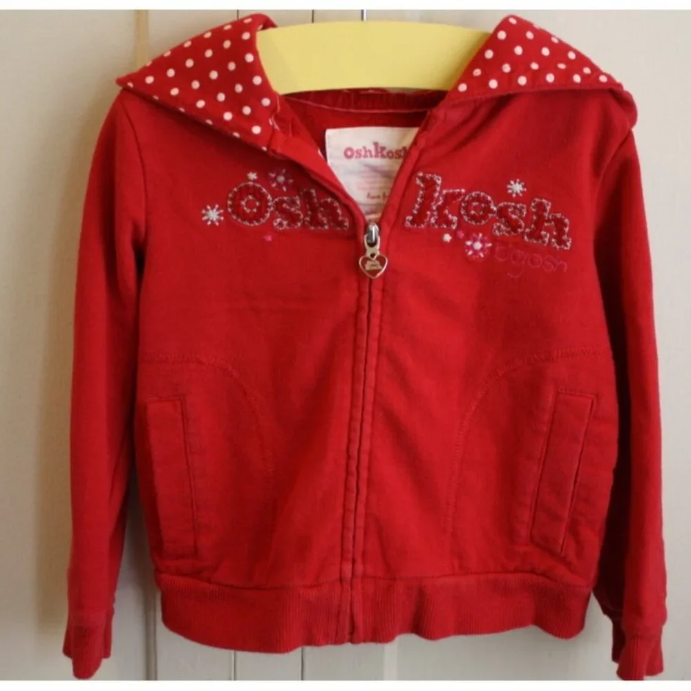 Osh Kosh Bgosh Girls' 2T Zip-up Sweater Hooded Jacket Red w/ Heart Zipper Pull
